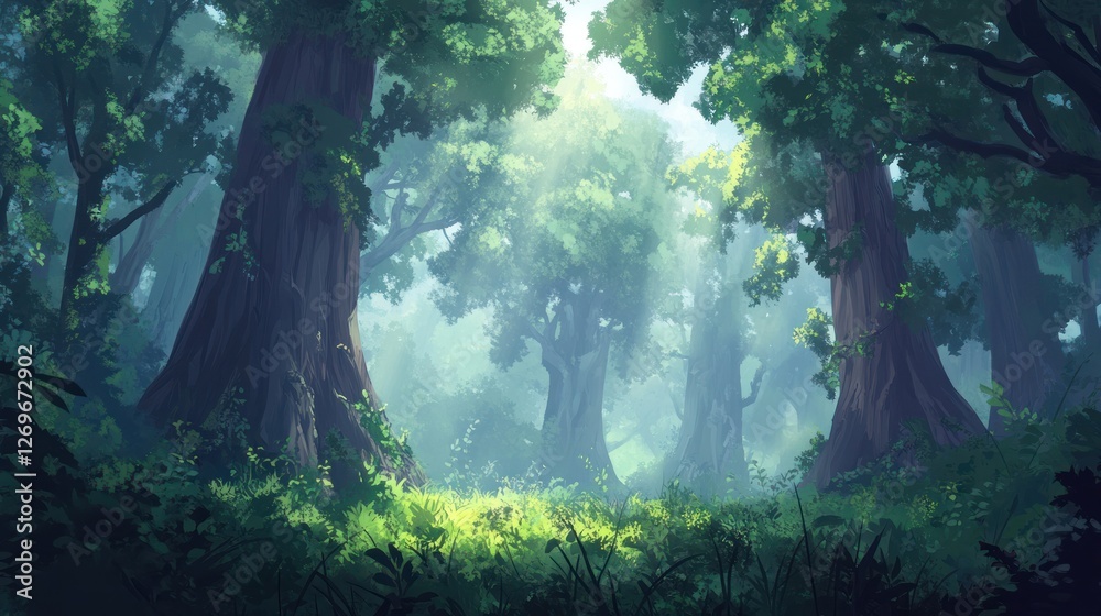 Poster sun rays filter through the canopy in a serene forest