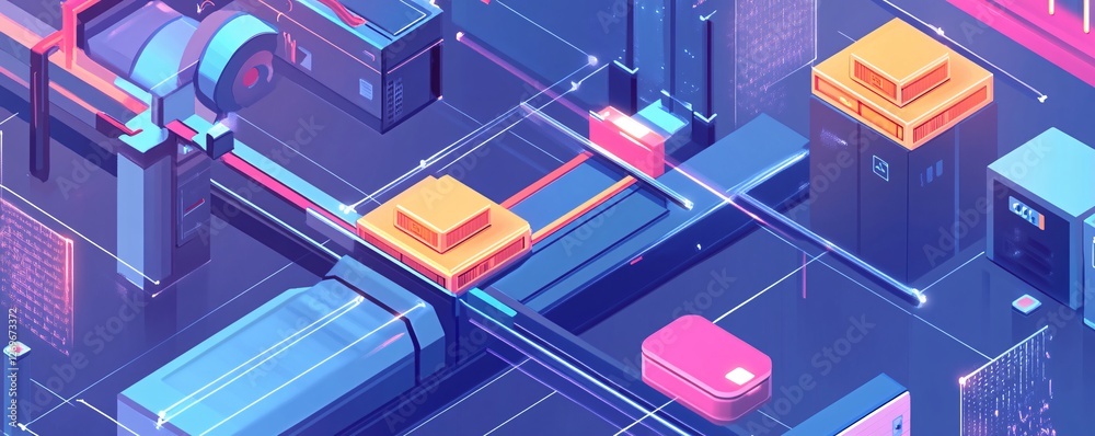 Poster data is moving through futuristic server room with optical cables