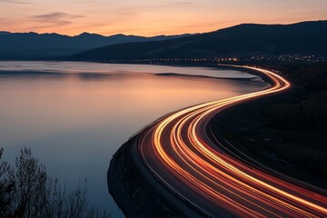 Image ai generates a powerful acceleration of a futuristic sports supercar on a highway track at night with neon lights and colorful trails