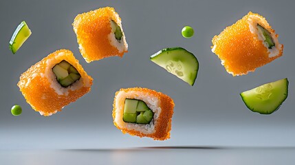 Sushi roll creation flying in mid-air culinary showcase studio setting high-quality image minimalist background gastronomic artistry fresh ingredients and presentation techniques