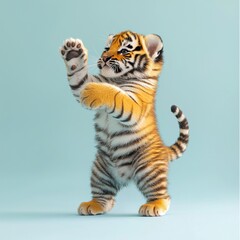 Fototapeta premium Playful Tiger Cub Raising Paw Against Soft Blue Background