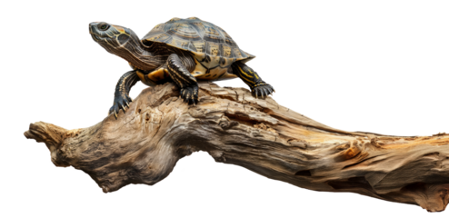 A turtle with its neck raised realistically perched on a wood log that was old and decayed over time on a transparent background illustration,
