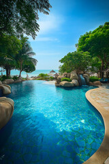 Obraz premium Inviting turquoise pool water sparkles under the sun at a luxury resort in pattaya, thailand, offering a tranquil escape with beach views