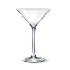3D realistic illustration of a classic transparent martini glass with a conical bowl and long stem. Perfect for serving martinis and cocktails.