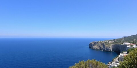 calm azure waters gently lapping against rocky cliffs under clear blue sky, scenic, cliffs, nature