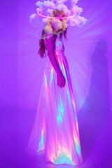 Obraz premium Elegant figure in iridescent gown stands in colorful backdrop with clouds and bright light effects during artistic photoshoot