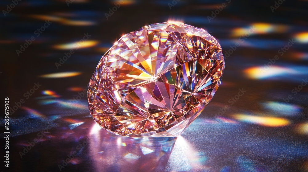 Poster brilliant multifaceted diamond shines with colorful reflections on dark surface