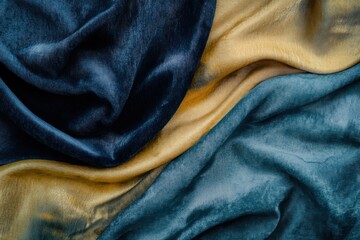 Luxurious velvet fabric in deep blue and golden hues, elegantly draped to create soft folds and a rich, shimmering texture