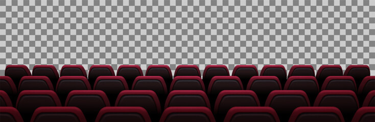 Naklejka premium A realistic 3D vector illustration of a cinema's back row view, showing dark red seats arranged for a premium viewing experience. The transparent background makes it adaptable for various uses.