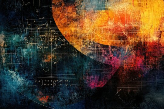 Abstract textured artwork with mathematical equations and geometric shapes over a vibrant mix of deep blues, fiery oranges, and reds