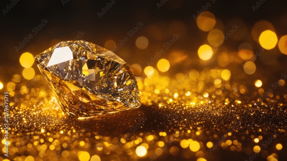 Poster a brilliant diamond shines amidst a golden sparkly bokeh field