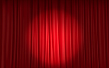 3D realistic illustration of red stage curtains with a dramatic spotlight effect, ideal for theater productions, cinematic openings, and stage events.
