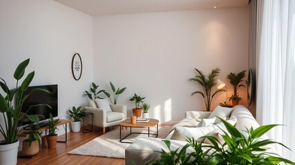 Fototapeta premium Cozy living room corner with armchair, lamp, and plant, minimalistic, interior design, relaxation