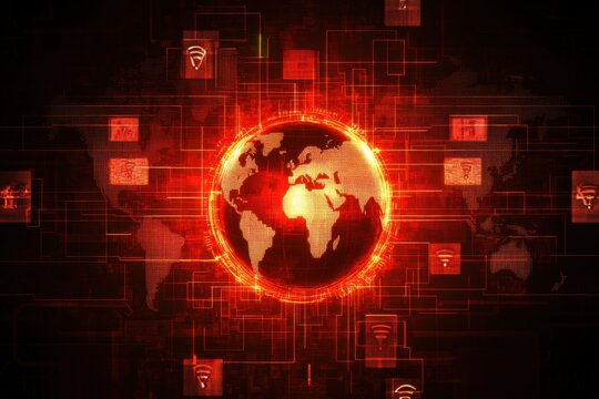 Glowing red digital globe with a futuristic network overlay, symbolizing cybersecurity, global connectivity, and technology threats