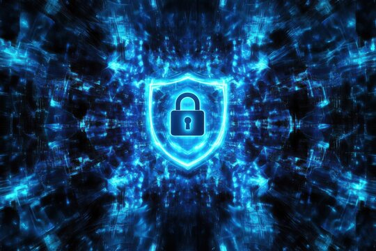 Glowing blue digital shield with a padlock symbol, representing cybersecurity, data protection, and online security in a futuristic environment