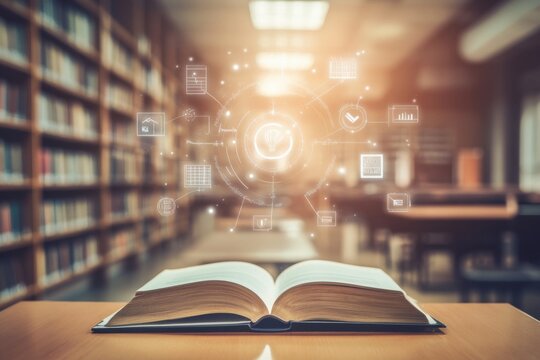 Open book on a library table with futuristic digital icons and glowing data symbols representing knowledge, learning, and technology integration