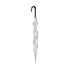 Classic closed white umbrella-cane with black curved handle realistic vector illustration. Protection from bad weather conditions 3d object on white