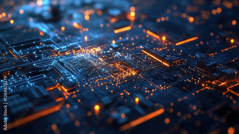 Poster Electronic circuit board with integrated microchips and connecting pathways