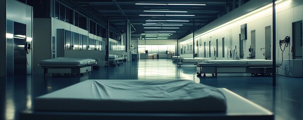 Obraz premium Empty hospital corridor with beds and medical equipment waiting for patients