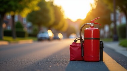 Emergency car kit, Suburban street with an emergency car kit featuring a fire extinguisher in focus photorealistic.