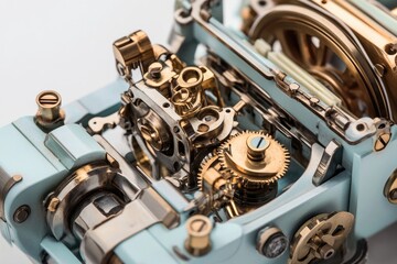 Obraz premium Intricate clockwork mechanism, showcasing gears, levers, and brass components in a pale blue casing.