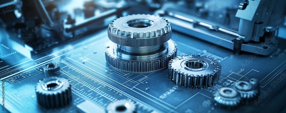Aufkleber gears working on circuit board showing engineering and technology
