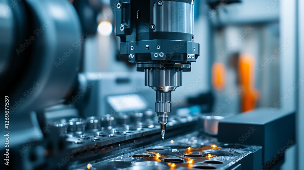 Poster cnc machine working on metal detail in factory