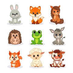 Set of cartoon cute animals including fox, bunny, rabbit, horse, donkey, hedgehog, cow, frog, sheep and squirrel. Forest and farm animals for magazines, postcards. 