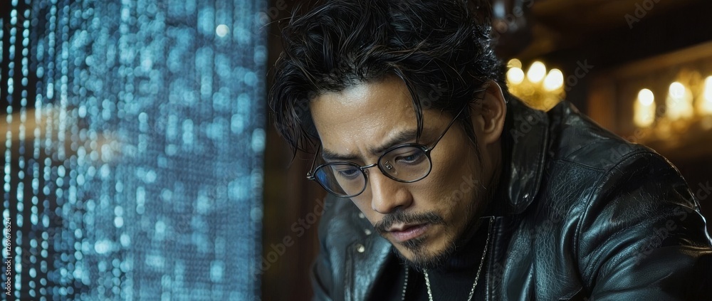 Poster a computer engineer, who is an asian man, types code on a computer with a futuristic ai chatbot and 