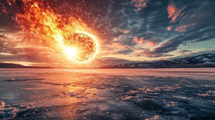 Dramatic Meteorite Collision Over Frozen Landscape at Sunset