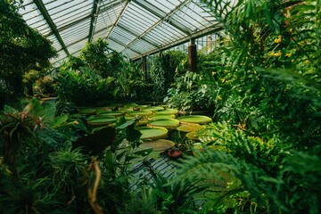 Greenhouse with lush greenery and lily pads