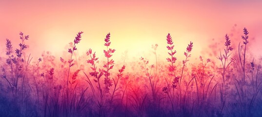 Fototapeta premium Dreamy Watercolor Meadow Serene Lavender Field at Sunset, Pastel Hues, Delicate Plant Silhouettes