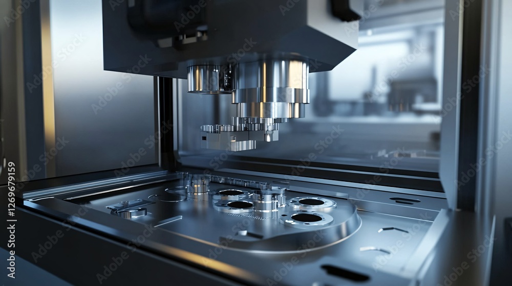 Poster cnc machine working on metal detail in factory workshop