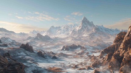 Obraz premium Dramatic High Altitude Landscape with Snowy Peaks and Rocky Terrain