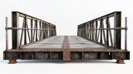 Fototapeta premium Title (with detailed description): A rustic iron bridge with a weathered and aged look, spanning a misty landscape with autumnal foliage, evoking a sense of timelessness and tranquility. 