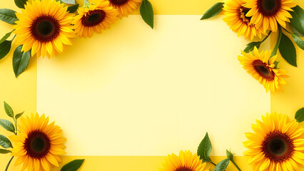 Cheerful Soft Yellow Border with Sunflowers and Olive Green Leaves for Bright Invitations