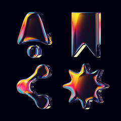 Set of 3d rendered colorful icons with smooth rainbow reflections