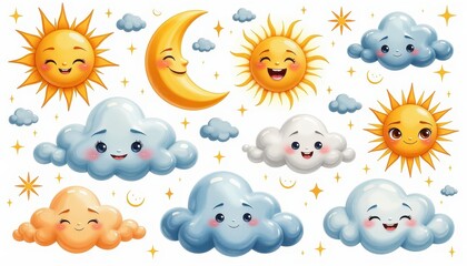 Whimsical Cartoon Illustration: Sun, Moon, Clouds in Happy Embrace Against White Background. A set of cartoon suns and clouds with smiling faces.