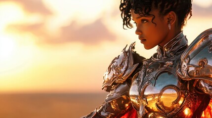 Celestial Sentinel: A warrior clad in ornate armor stands vigilantly, gazing out over a horizon ablaze with golden light, capturing a sense of strength and unwavering resolve.