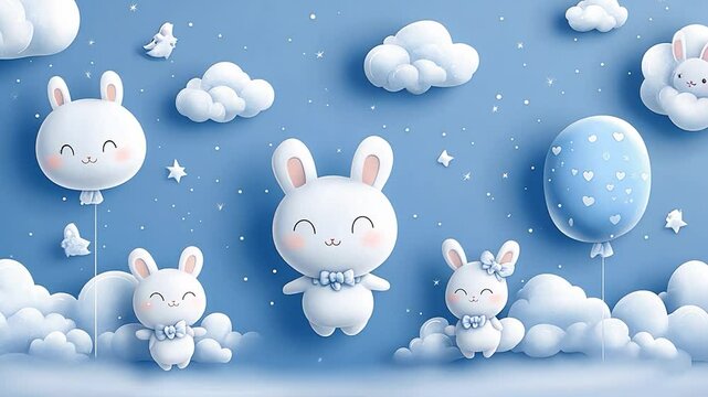 Cute bunnies, balloons, clouds, blue sky, baby shower
