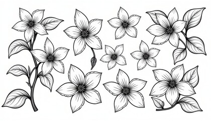 Obraz premium Monochromatic Floral Art: Detailed Black and White Flowers Against a Pure White Canvas. A black and white drawing of flowers and leaves.