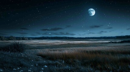 Dramatic Moonlit Night Scene Over Calm Land with Starry Sky