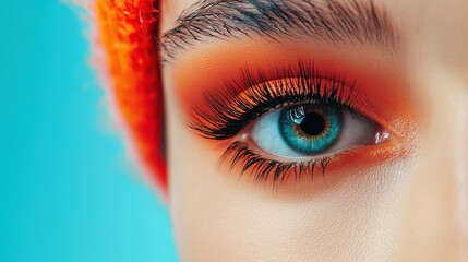 Dramatic Minimalist Portrait of a Model's Eye with Bold Makeup and Vibrant Color Contrast in a Clean Background