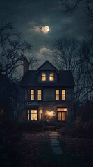 Dramatic Night View of a Charming Home Exterior with Illumination