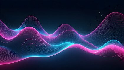 Abstract neon pink and blue waves flowing across a dark background with digital textures and depth

