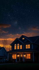 Dramatic Night View of Suburban Home with Illuminated Windows