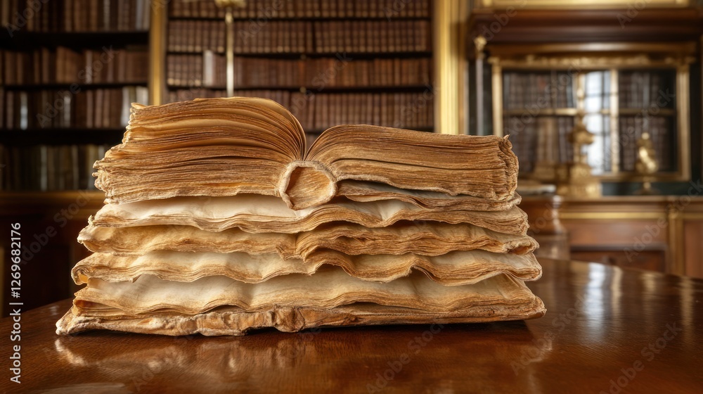 Aufkleber ancient book stack rests in a grand library setting