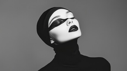 Striking Model Portrait with Dramatic Makeup Against Minimalist Background, Showcasing Fashion and Artistic Contrast