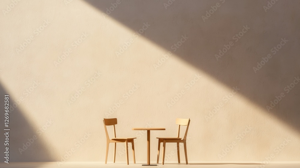 Poster A Minimalist Scene of Two Empty Chairs Alone at a Simple Table Casting Shadows in Serene Space