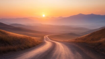 Fototapeta premium Winding dirt road leads through hills toward a bright sunrise